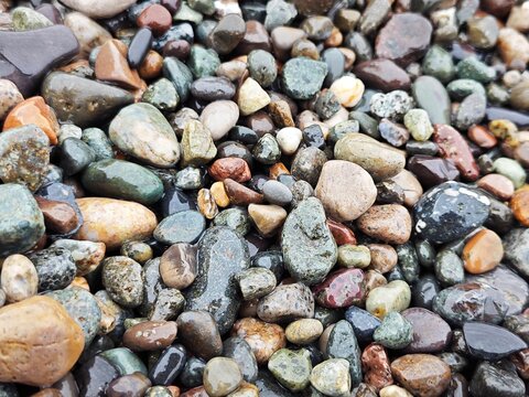 Detailed view of wet colorful beach pebbles. Natural smooth stone background. Macro rock texture