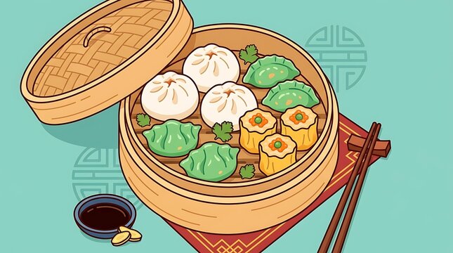 Delicious dim sum dumplings in a wooden steamer basket with chopsticks and soy sauce for a tasty asian food meal