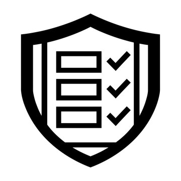 Shield icon enclosing a checklist document with checkmarks representing verified business compliance quality assurance task list audit check corporate service business procedure document securit