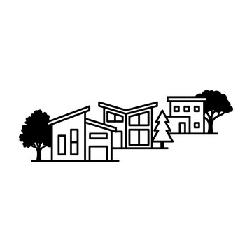 Modern suburban residential houses and trees vector skyline illustration with residential neighborhood modern homes real estate development property landscape housing community town architecture