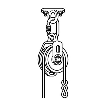 Mechanical pulley hoist mechanism with hanging rope vector illustration hoist system lifting gear rope tackle industrial equipment construction tool block and tackle engineering mechanism