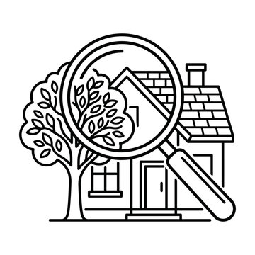 Real estate search icon featuring a magnifying glass over a house and tree property inspection house searching home valuation building analysis housing market property listing house investigati