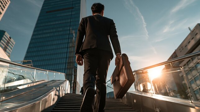 Vietnamese businessman walking toward modern skyscraper. Young businessman ascending stairs with briefcase, heading to tall corporate building