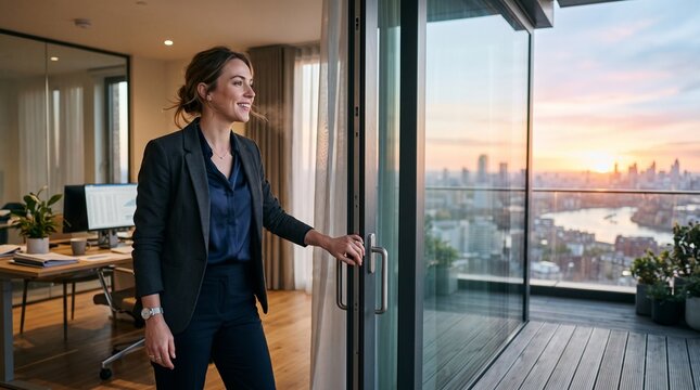 Successful businesswoman opens balcony doors to admire city skyline at sunset from modern office