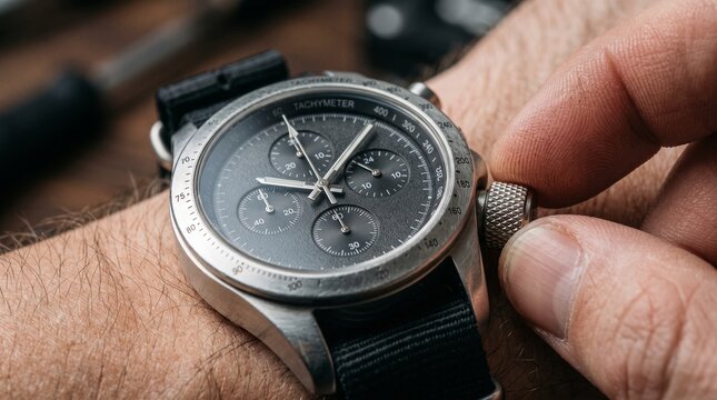 Close up of a man's wrist wearing a chronograph watch with a tachymeter bezel and a hand adjusting the crown