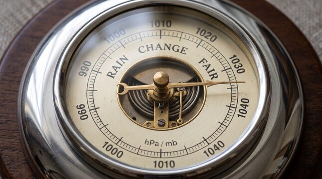 Close up of a vintage aneroid barometer with a wooden frame showing fair weather
