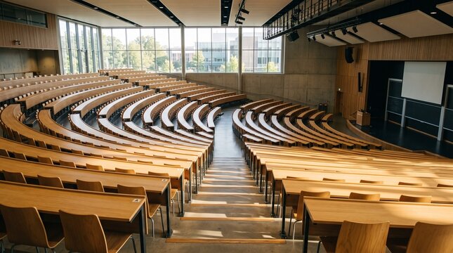 Modern University Lecture Hall with Tiered Wooden Seating and Large Windows