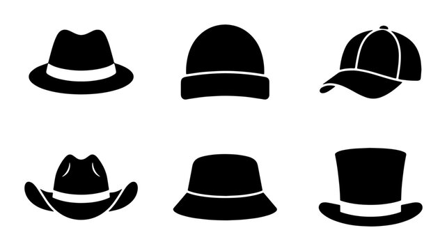 Diverse Hat Collection Vector Icons: Fedora, Beanie, Baseball Cap, Cowboy, Bucket, Top Hat