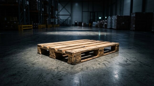 Wooden pallet rests on concrete floor in dark warehouse
