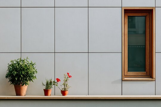 Potted plants on a ledge in front of a modern gray wall with a wooden window