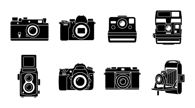 Retro Camera Icons Collection: Vintage Photography Equipment Vector Set, Classic Analog and Digital Devices