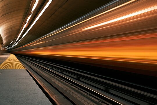 Blurred streaks of light illuminate a speeding train in a subway tunnel