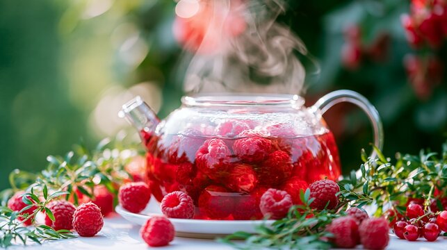 Glass pot filled with hot red tea and fresh ripe raspberries sits on a table during a bright morning in a garden as steam rises gracefully into the warm summer air.