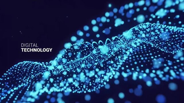 A futuristic video visualization of digital technology and data flow in a dark background