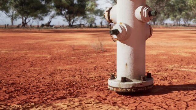 A weathered fire hydrant stands alone on cracked, dry earth, surrounded by sparse trees. The hot sun casts a stark light, emphasizing the desolation of the land.