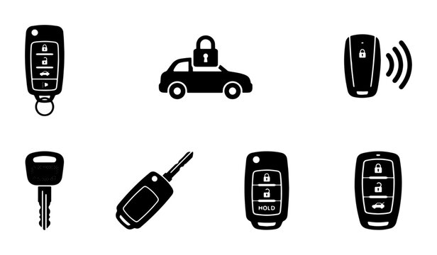 Modern Car Key Fob Icons, Remote Control Set, Vehicle Access Security Symbols, Digital Key Vector Collection