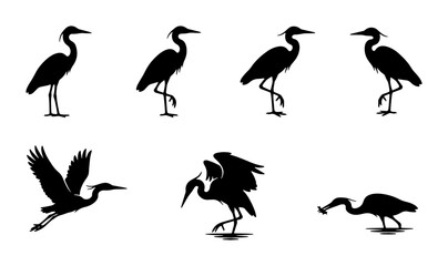 Fototapeta premium Heron Silhouettes Vector Set: Graceful Birds in Flight and Standing Poses, Wildlife Icons