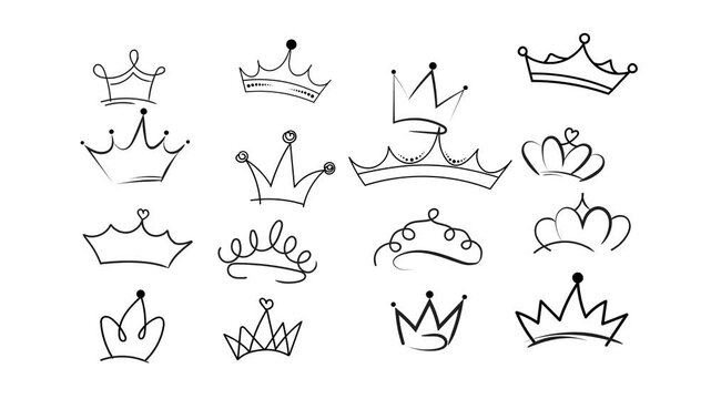 Hand drawn crown sketches collection animated on green screen for creative motion graphic video projects design
