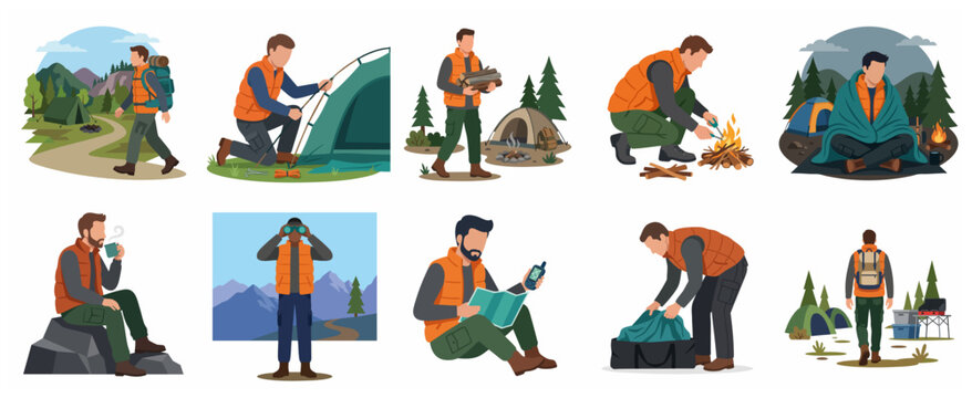 Collection of man character in various outdoor camping and hiking activities flat vector illustrations