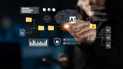 A business professional interacts with an AI brain graphic, showcasing data visualization and...