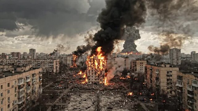 Devastating urban war zone with massive explosion and burning residential buildings, aerial view of conflict destruction and smoke clouds