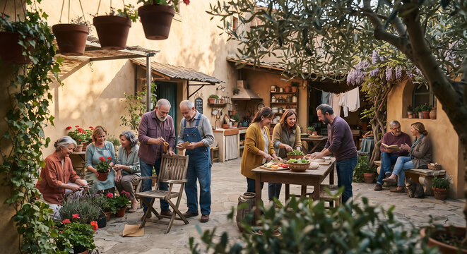 Multi-generational group socializing, gardening, cooking, reading, and relaxing together in a warm communal courtyard, highlighting active aging, community life, shared activities, and intergeneration