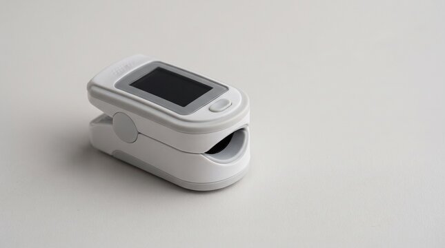 Medical pulse oximeter on white background, portable fingertip oxygen saturation monitor, digital heart rate sensor for healthcare