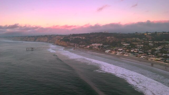 Aerial footage of  La Jolla Beach at sunset., San Diego, CA.