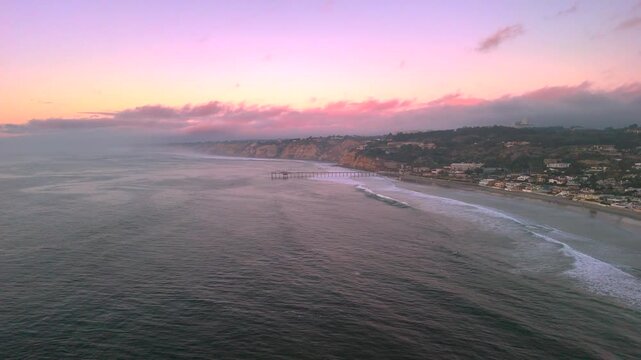 Aerial footage of  La Jolla Beach at sunset., San Diego, CA.