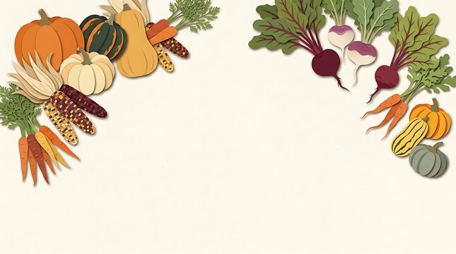 Fresh autumn harvest vegetables and pumpkins frame with copy space for thanksgiving or fall season banner design