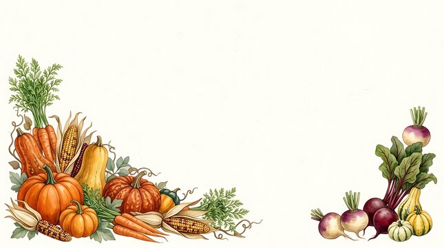 Watercolor illustration border with fresh autumn vegetables pumpkins carrots and corn for harvest festival celebration and thanksgiving food design
