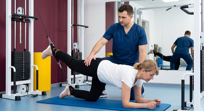 Male physical therapist assisting a mature woman performing a kneeling cable leg extension exercise in a physiotherapy room.
