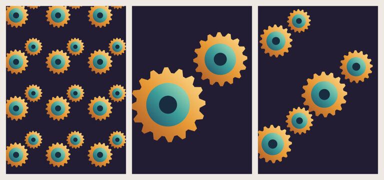 Set of three portrait gradient posters featuring interlocking cog motifs and mechanical rhythm in varied compositions for decorative wall prints and modern cover designs