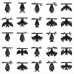 Obraz premium Set of black bat icons hanging upside down on tree branches with bat icon bat silhouette flying bat wildlife vector animal icon halloween animal nocturnal creature graphic design collection
