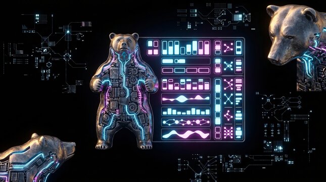 A metallic robotic bear stands beside glowing digital data charts