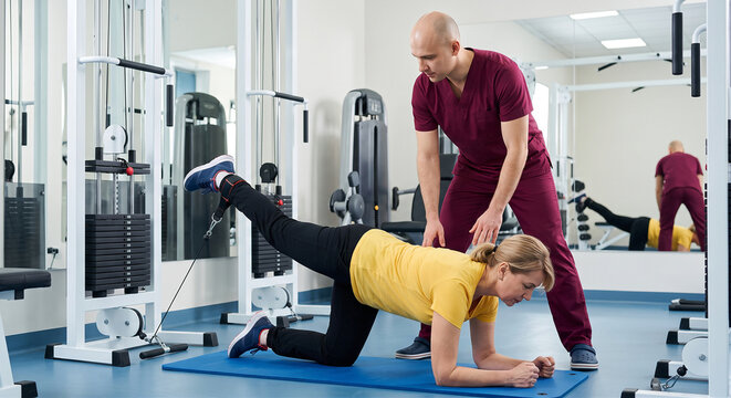 Male physical therapist supervising a mature woman performing a kneeling cable leg kickback exercise in a rehabilitation gym.