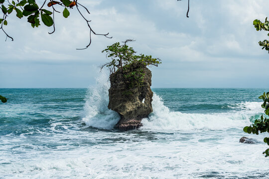 View of a weathered, tide-washed seastack rock formation topped with resilient green vegetation and splashed by the turquoise waves of the Caribbean Sea along the coast of Gandoca-Manzanillo National 