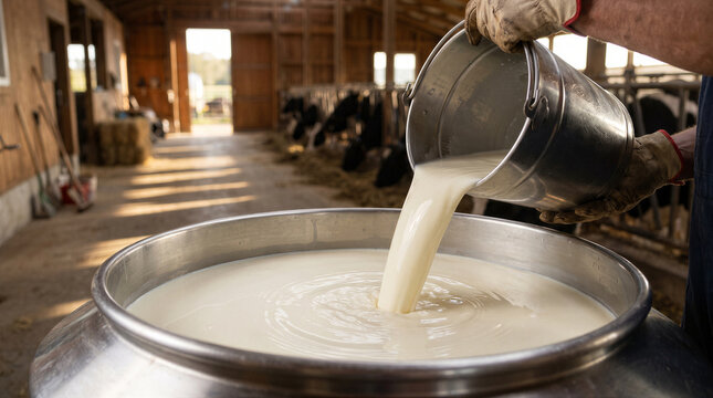 Farmer pouring fresh raw milk from a metal bucket into a large stainless steel container in a dairy farm barn