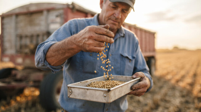 Farmer inspecting harvested soybean seeds in a metal tray in the field during sunset