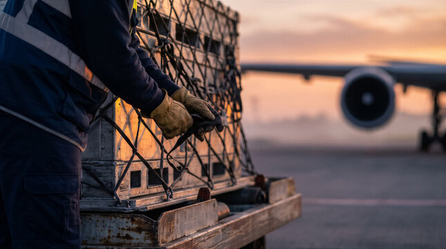Airport ground crew worker securing cargo container with netting on a dolly near an airplane at sunset