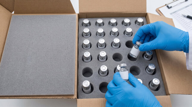 Scientist in blue gloves placing a medical vial into a foamlined shipping box for vaccine distribution and pharmaceutical logistics