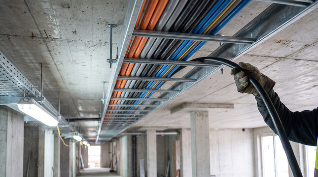 Electrician installing heavy electrical cables on a metal cable tray in an industrial building construction site