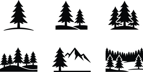 Obraz premium Minimalist pine tree icons set, black forest silhouettes. Evergreen spruce and mountain landscape vectors for outdoor branding and logos.
