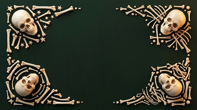 Decorative halloween frame with human skulls and scattered bones on a dark background for spooky holiday celebration and horror themed greeting cards