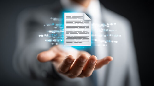 A hand holding a digital document represents electronic file management and modern business information processing.
