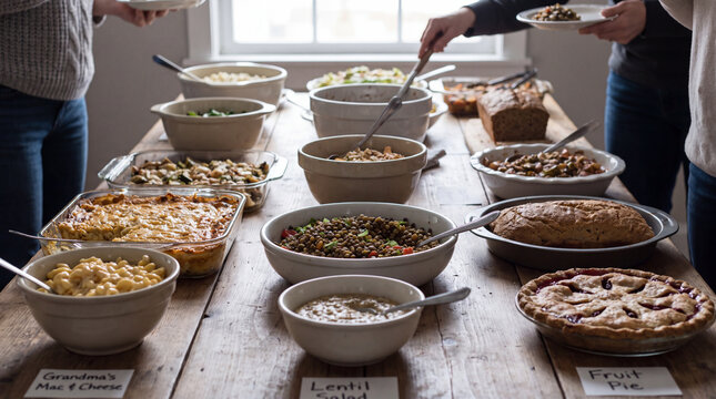 Community potluck table with labeled homemade dishes and pies for neighborhood gathering