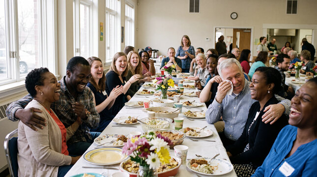 Large diverse family laughing together at community potluck dinner table gathering