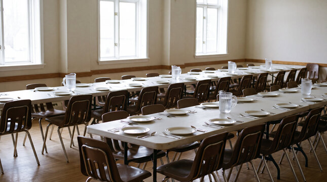 Empty community dining hall set with plates and chairs before neighborhood dinner