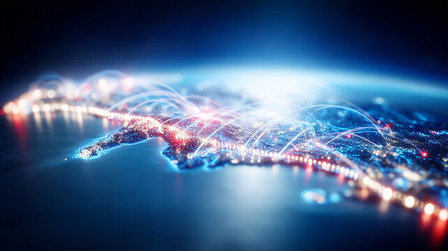 A digital world map linked by connection arcs represents global data communication and international network connectivity.
