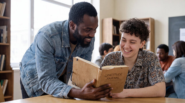 Mentor sharing gratitude journal with young woman in community library space